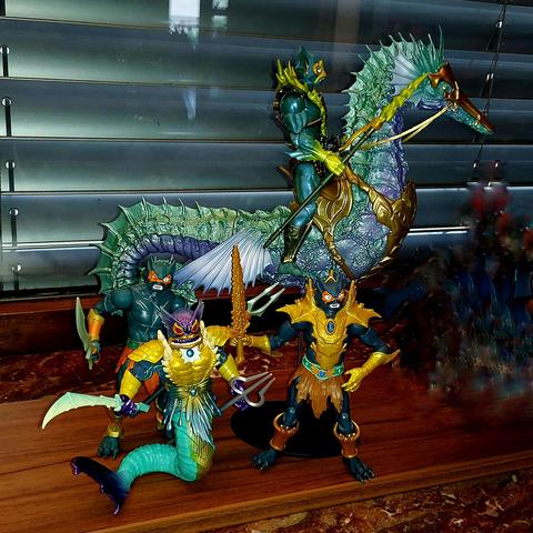 3 Masters of the Universe Masterverse Mer-Men, one Turtles of Grayskull Mer-Man and the McFarlane Aquaman Storm seahorse