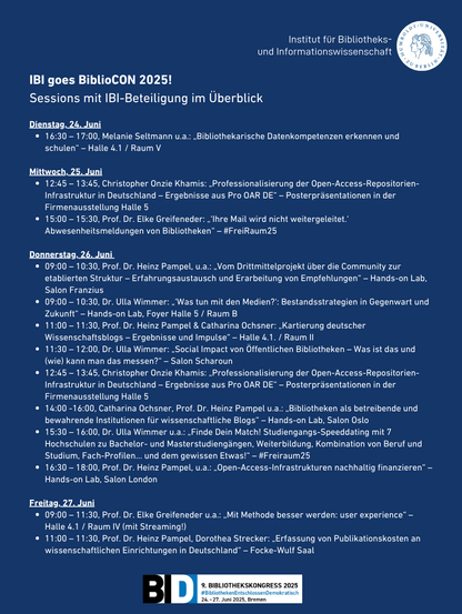 Wir sitzen in unseren Zügen auf dem Weg nach #Bremen zur #BiblioCon2025 und hoffen, trotz Problemen im Berliner Raum alle pünktlich zu kommen. Unser Team ist an allen Tagen aktiv auf dem #BID2025 beteiligt. Ihr fragt euch, wo ihr uns treffen könnt? Dafür haben wir hier eine kleine Übersicht für euch