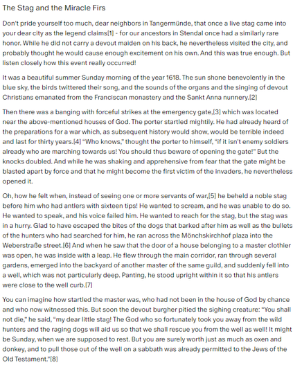 Part 1 of German folk tale "The Stag and the Miracle Firs". Drop me a line if you want a machine-readable transcript!