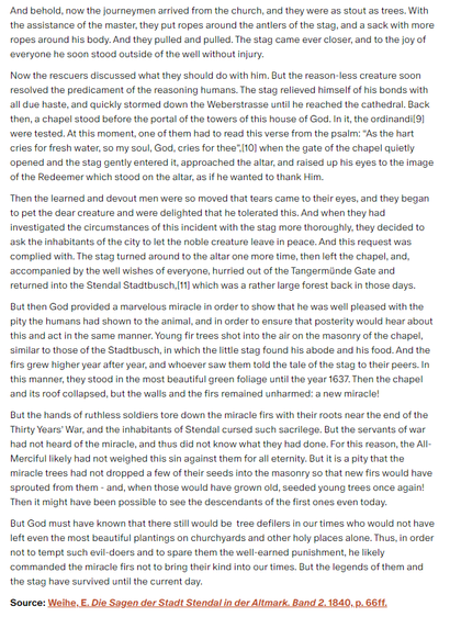 Part 2 of German folk tale "The Stag and the Miracle Firs". Drop me a line if you want a machine-readable transcript!