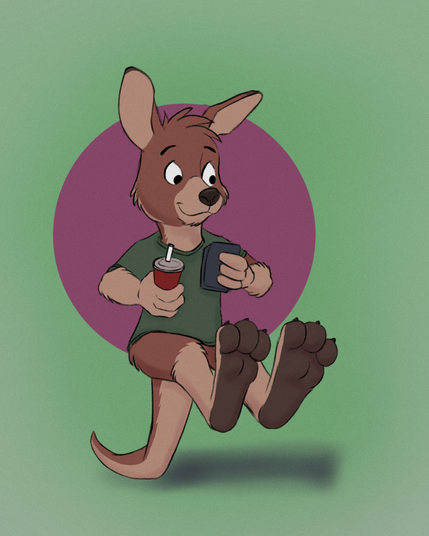 A cartoony kangaroo bounces on his tail while browsing on his phone and having a drink!