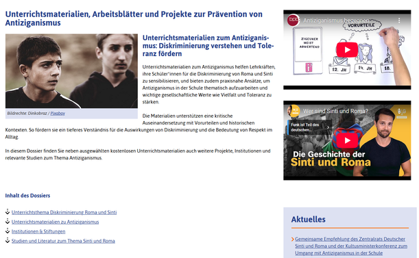 Ausschnitt des verlinkten Dossiers "Unterrichtsmaterialien, Arbeitsblätter und Projekte zur Prävention von Antiziganismus"