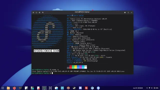 Screenshot of Fedora Linux 42 showing the Terminal app with an output of the fastfetch and uname -a commands.