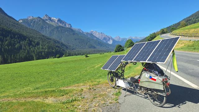 Solar bike charging in Engadin valley, Swiss Alps.