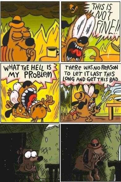 This is not fine meme. 
1: Flames. Dog puts fist in front of mouth as if coughing.
2: Eyes wide open, screams: This is not fine. The hat flies away.
3: What the hell is my problem? Desperate look to the ceiling.
4: Puts water on the flames: There was no reason to let it last this long and get this bad.
5 and 6: Sits in the room without fire, puts face in hands.