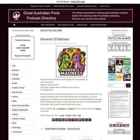 Moments Of Madness: ADHD Tangents And Neurodivergent Joy
Screenshot of the podcast listing on the Great Australian Pods website