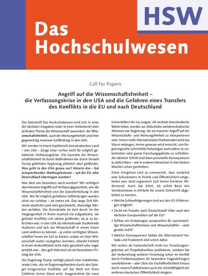 Das Foto zeigt den Call for Papers  der Zeitschrift Das Hochschulwesen. Thema Wissenschaftsfreiheit