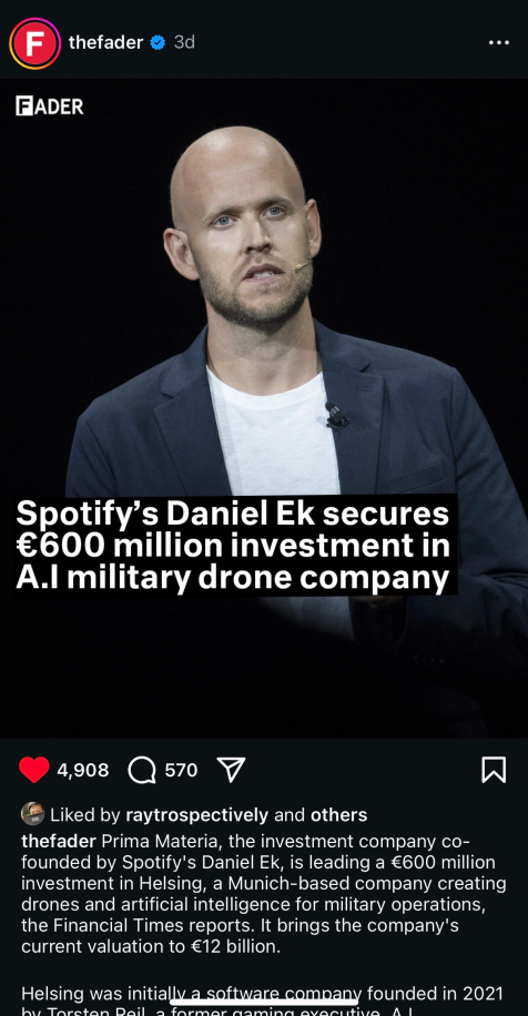 Spotify's Daniel Ek secures 600 million euro investment in AI military drone company.