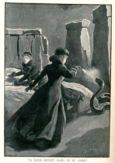 A woman wearing a bonnet and a long coat has her back to us as she fires a revolver at a snake the size of a python. The setting is Stonehenge and the trilithons tower above her and a similarly dressed woman who is cowering on a slab of rock (which doesn't actually exist at Stonehenge).