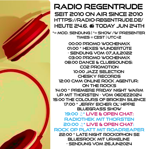 🇩🇪 Plakat mit den heutigen Radiosendungen. Bild (ohne Text): Pixabay, kein Bildquellennachweis erforderlich.

🇬🇧 Poster with details of today's radio shows. Image (without text): Pixabay, no image creds needed.
