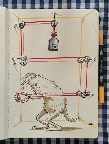 A cartoon-style drawing of a muscular monster pulling on red elastic bands connected to a 1 kg weight, illustrating a humorous take on exercise.