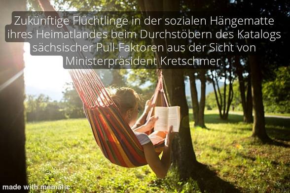 Mensch in Hängematte liest Buch, Sonnenschein, grüne Wiese, Bäume. 
Memetext:
Zukünftige Flüchtlinge in der sozialen Hängematte ihres Heimatlandes beim Durchstöbern des Katalogs sächsischer Pull-Faktoren aus der Sicht von Ministerpräsident Kretschmer.