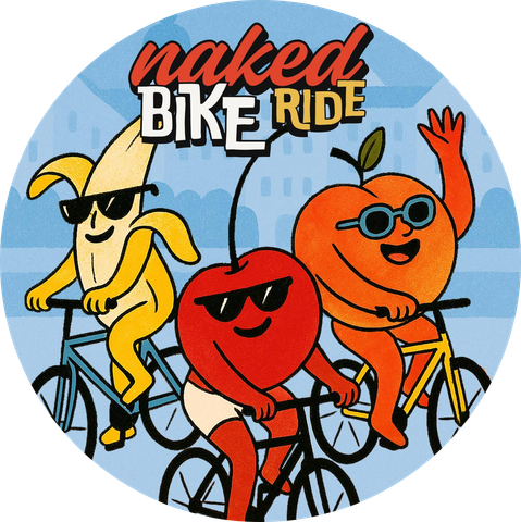Eine Banane, eine Orange und eine Kirsche beim Radfahren. Alle drei tragen Sonnenbrillen. Über den Früchten steht "Naked Bike Ride".