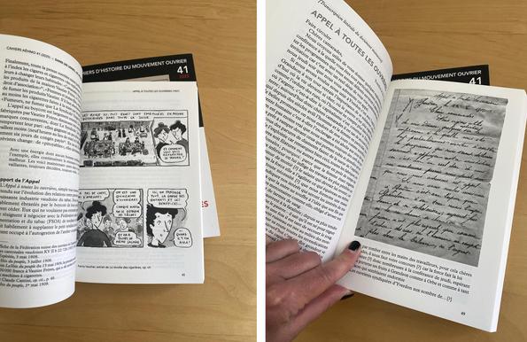 Deux photos de l'intérieur du Cahiers, avec sur une page un extrait de la bande dessinée à venir, en noir blanc, et sur l'autre la photo du document inédit manuscrit dont traite l'article en question.