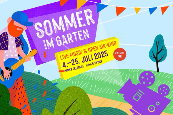 Illustration eines Mannes mit Gitarre neben Text 'Sommer im Garten', Ankündigung von Live-Musik und Open-Air-Kino vom 4. bis 25. Juli 2025, freitags um 19 Uhr, Eintritt frei