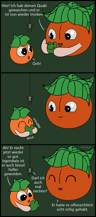 ein Tomaten-Comic bei dem die große Tomate der kleinen Tomate ihr Kuschetier bringt und mitteilt, dass sie dieses gewaschen hat und es jetzt trocken ist. Die kleine Tomate schnüffelt am Plüschtier und stellt fest, dass es nun gut riecht ud heller geworden zu sein scheint. Die Spinne möchte deswegen auch am dran riechen und die große Tomate merkt an, dass das Plüschtier es wohl nötig gehabt hat.