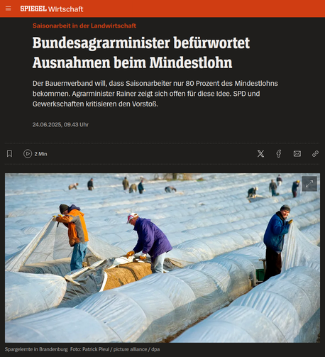 Screenshot "Bundesagrarminister befürwortet Ausnahmen beim Mindestlohn"