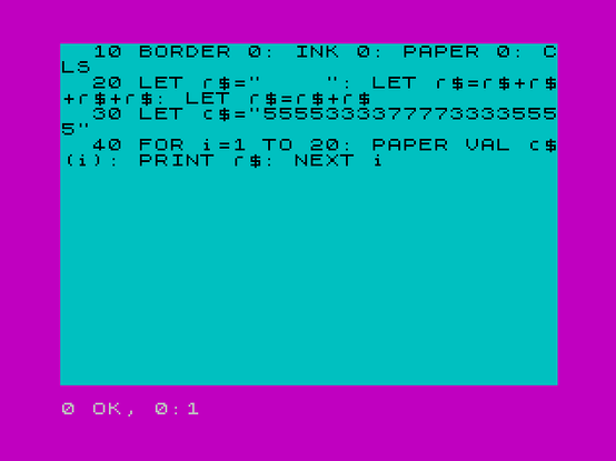 source code that displays the trans pride flag:
10 BORDER 0: INK 0: PAPER 0: CLS
20 LET r$="    ": LET r$=r$+r$: LET r$=r$+r$+r$+r$
30 LET c$="55553333777733335555"
40 FOR i=1 TO 20: PAPER VAL c$(i): PRINT r$: NEXT i