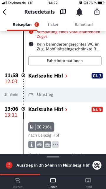 Screenshot DB - Navigator App:
Verspätete Abfahrt des Zuges laut App: 13:11 Uhr, tatsächliche Uhrzeit: 13:22 Uhr