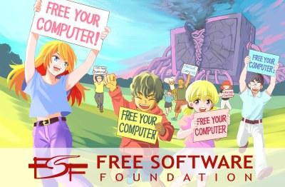 Anime style illustration with young people on an open green landscape celebrating free software with signs that read: Free your computer. In the background a large purpleish looking box screen with tentacles is cracked open and smoke appears to billow from inside. Text along bottom reads FSF, Free Software Foundation
