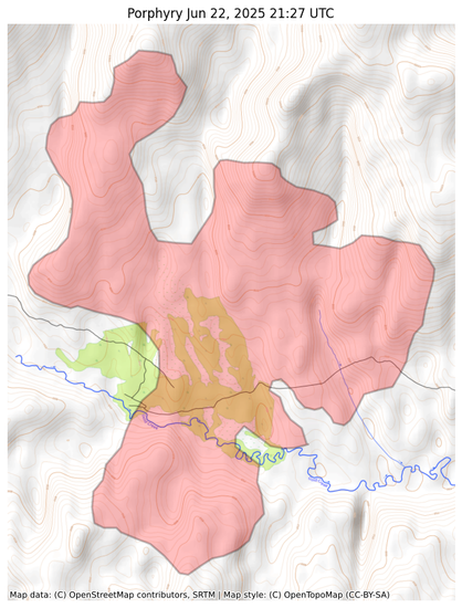 Visual map representation of the Porphyry wildfire, showing the perimeters of the 2641.275391782885 acre fire on a map.