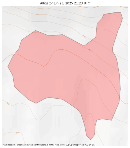 Visual map representation of the Alligator wildfire, showing the perimeters of the 127.36 acre fire on a map.