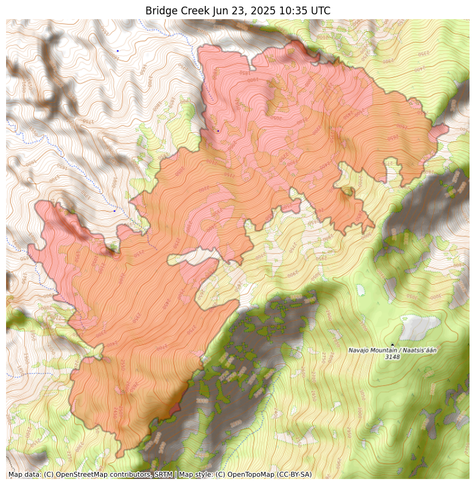 Visual map representation of the Bridge Creek wildfire, showing the perimeters of the 2275.7771593660295 acre fire on a map.