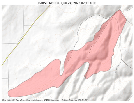 Visual map representation of the BARSTOW ROAD wildfire, showing the perimeters of the 1543.6 acre fire on a map.
