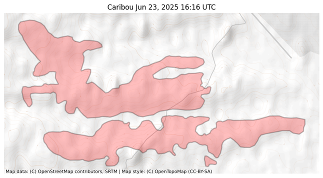 Visual map representation of the Caribou wildfire, showing the perimeters of the 1456.3222148279062 acre fire on a map.