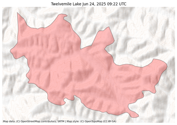Visual map representation of the Twelvemile Lake wildfire, showing the perimeters of the 14420.205457179141 acre fire on a map.