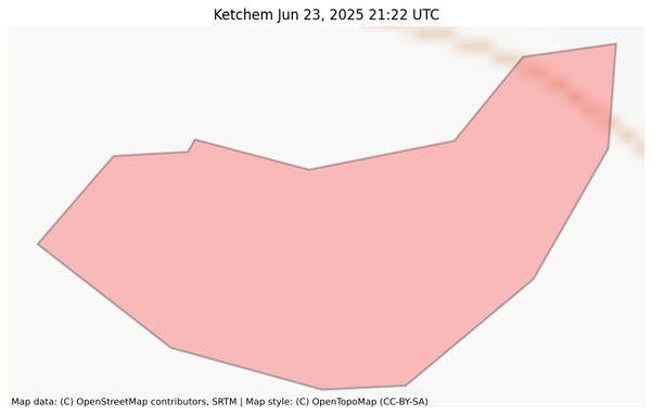 Visual map representation of the Ketchem wildfire, showing the perimeters of the 0.6425239657606606 acre fire on a map.
