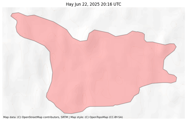 Visual map representation of the Hay wildfire, showing the perimeters of the 715.05 acre fire on a map.