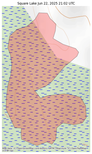Visual map representation of the Square Lake wildfire, showing the perimeters of the 57.260962353862816 acre fire on a map.