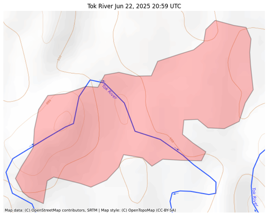 Visual map representation of the Tok River wildfire, showing the perimeters of the 132.00338776616363 acre fire on a map.