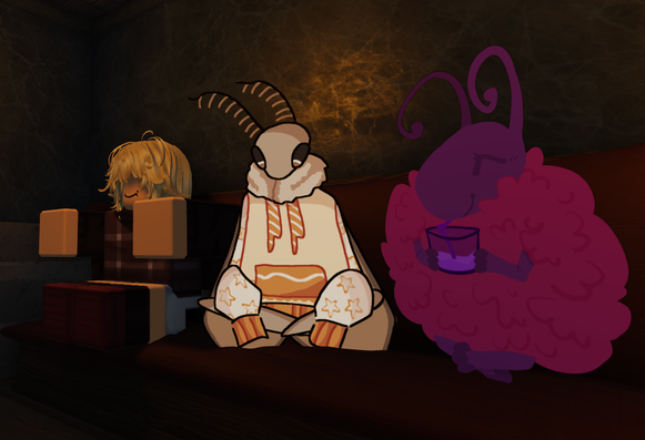 cropped roblox screenshot of my avatar (cosplaying as Urotsuki from Yume 2kki), sitting down in a restaurant booth next to two critters.

one is a beige anthropomorphic moth sitting cross-legged.

the moth is wearing a white-ish orange hoodie with star patterns and a white-furred collar. they're looking down at themself.

the other critter is what i can describe as a hybrid between an insect and a sheep.

they have oblong head with two antennae that curl inwards and big pink-ish wool for their body with stubby limbs.

they're also sitting cross-legged and are enjoying sipping juice from a glass with a straw, with closed eyes and a smile.
