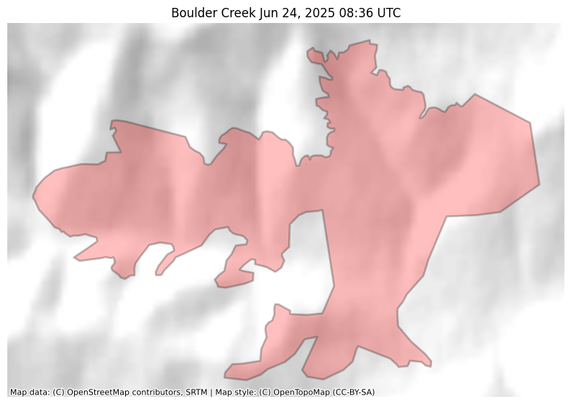 Visual map representation of the Boulder Creek wildfire, showing the perimeters of the 2865.115978012618 acre fire on a map.