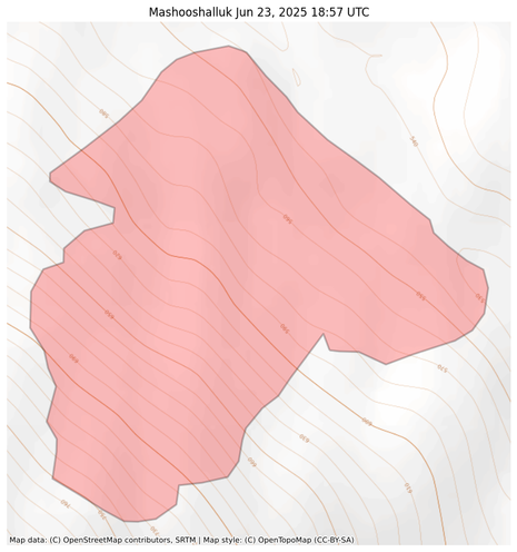 Visual map representation of the Mashooshalluk wildfire, showing the perimeters of the 155.92046566134462 acre fire on a map.