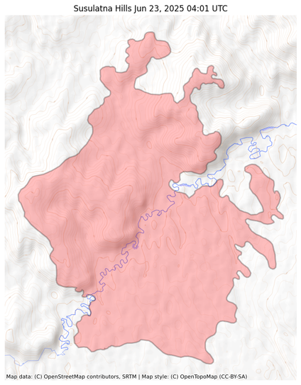 Visual map representation of the Susulatna Hills wildfire, showing the perimeters of the 7415.305059659426 acre fire on a map.