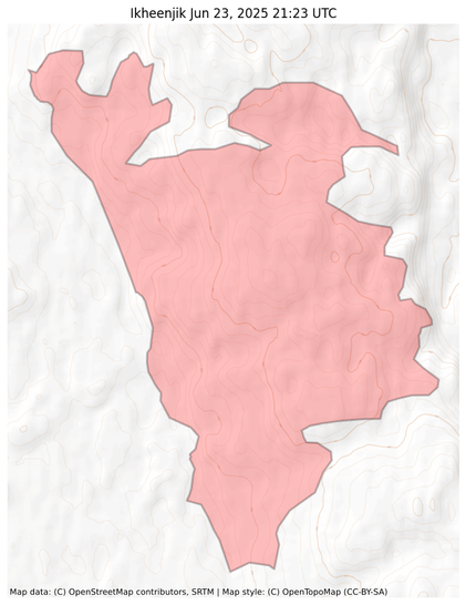 Visual map representation of the Ikheenjik wildfire, showing the perimeters of the 4165.99 acre fire on a map.
