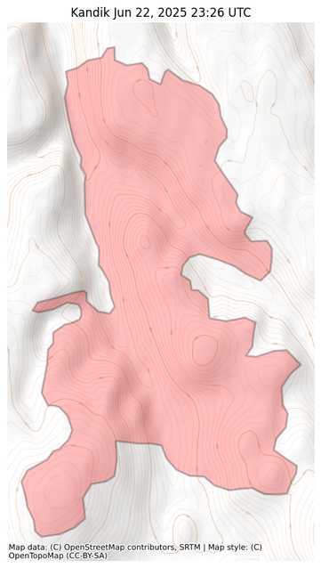 Visual map representation of the Kandik wildfire, showing the perimeters of the 2225.58 acre fire on a map.