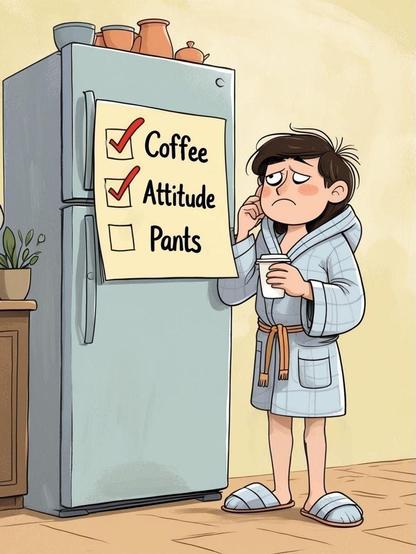 Person in a bathrobe and holding a cup of coffee States thoughtfully at a checklist which reads Coffee, Attitude and Pants. So far all are checked but Pants and they are posting the decision.