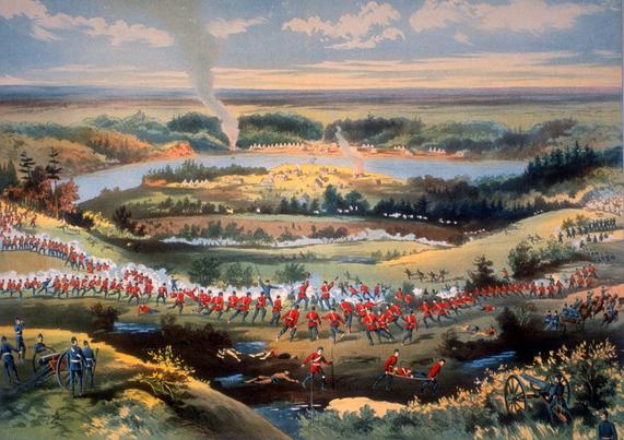 Print of the Battle of Batoche during the North-West Rebellion, based on sketches by Sergeant Grundy and others, published by Grip Printing & Publishing Co, in Toronto, Ontario, Canada Original is 71.4cm x 52.8cm, colour lithograph on wove paper