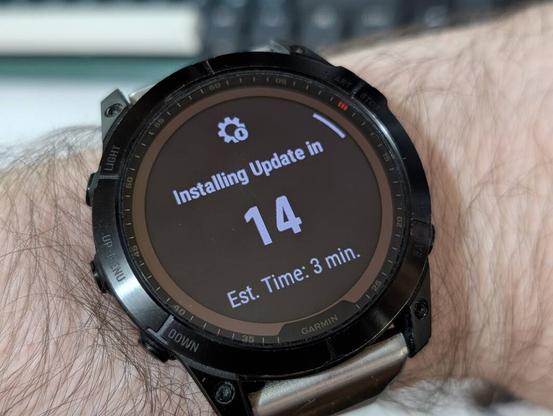 Garmin Fenix watches showing: "Installing Update in 14..."