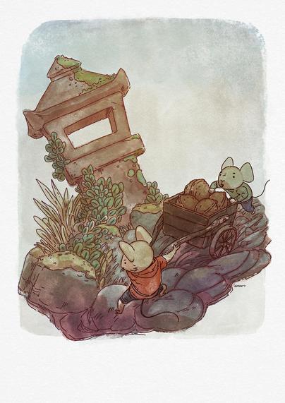 Illustration of two mice pushing a cart full of walnuts. A japanese stone lantern on the back.