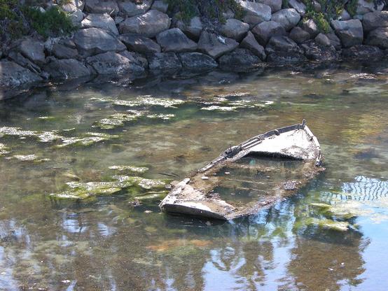 Pequeña barca de madera hundida en la ría de Vilagarcía de Arousa.

El agua está un poco verde pues la cantidad de vegetación que hay debajo de ella. 

Al fondo hay un muro de refuerzo en piedra