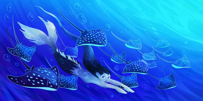 A young mermaid swimming with eagle rays while she is looking at us, blue coloring, dynamic and pleasant composition, by zizudraws.