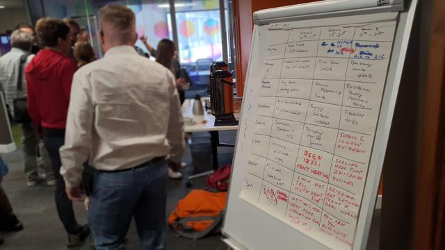 A flipchart with a hand-written schedule. There are 24 different breakout sessions listed.