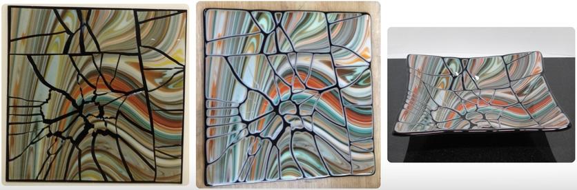 A photo showing the progression of piecing together glass to make a square bowl. The bottom layer is black and peeps out between broken pieces of a glass with yellow, orange, brown and teal swirled with white. The first image is the raw glass, second is after the piece is fused into a flat panel, third is the finished bowl after slumping.