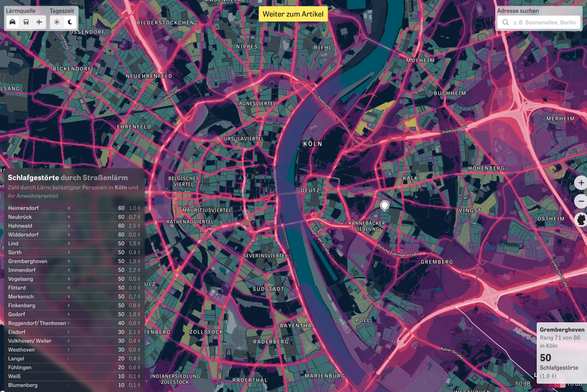 Noise pollution map of Cologne showing areas affected by street noise and the number and percentage of residents disturbed by noise in various districts, with highlighted traffic routes and neighborhoods