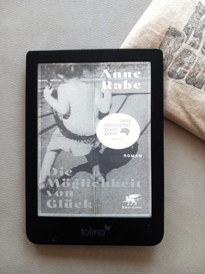 Foto eines E-Book-Readers mit dem Schwarz-Weiß-Cover des Buches, auf dem eine alte Fotografie zu sehen ist, darauf ein Mädchen von hinten, das auf einer Schaukel sitzt.